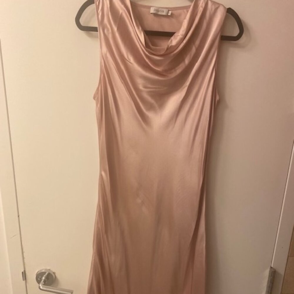100% Silk Dress with Asymmetrical Cowl Neck in Light Pink